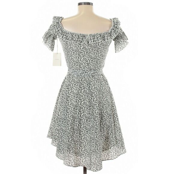 TULAROSA Ciao Bella off the shoulder ruffle tie waist dress black white Sz M NEW - Picture 2 of 6